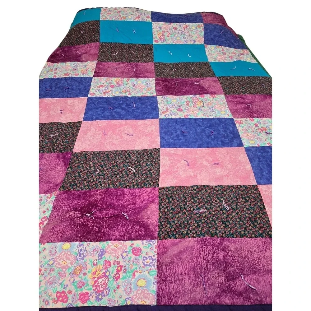 Handmade Patchwork Quilt Queen Cozy Pink‎ Blue Purple Cozy Throw Blanket /0193